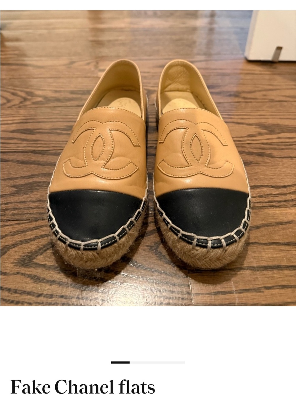 CHANEL Tan Leather Espadrille Flats with Black Cap Toe